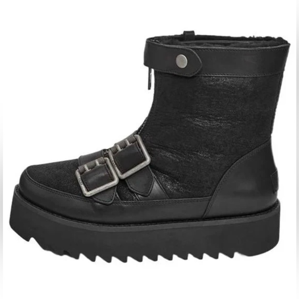 UGG CLASSIC MOTO PUNK MINI BLACK BOMBER SUEDE PLATFORM ANKLE BOOTS WOMEN SIZE 9 - Picture 2 of 9
